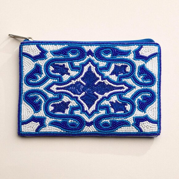 Intricate Geometric Pattern Royal Blue Sequin Seed Beaded Mini Pouch Coin Bag - Picture 3 of 4